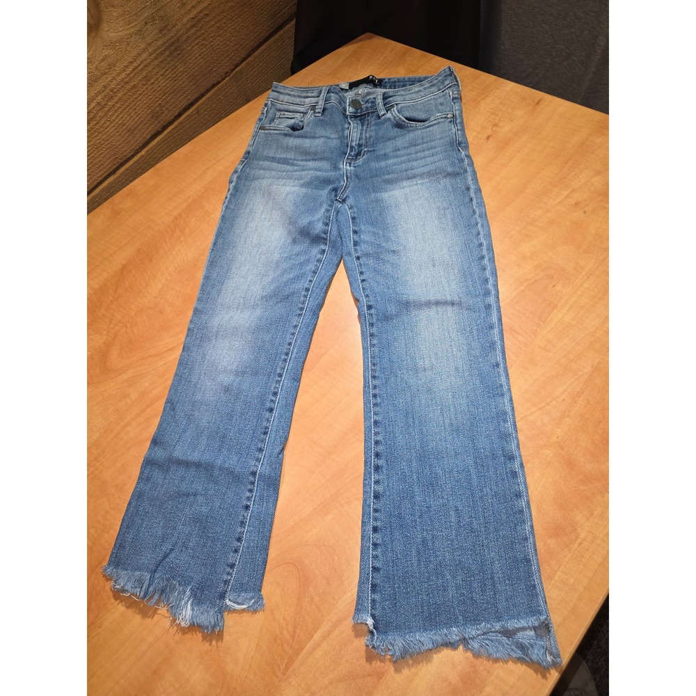 Kut from the Kloth Stella High Rise Ankle Flare Jeans Blue Frayed Hem Size 00